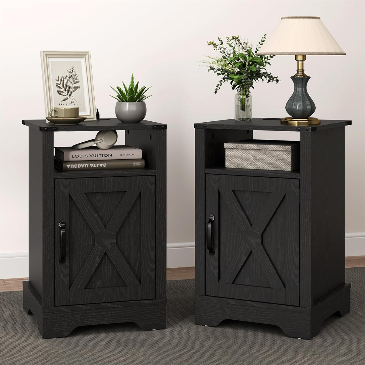 RoyalCraft Farmhouse Bedroom Nightstand w/Charging Station, Black (For Parts)