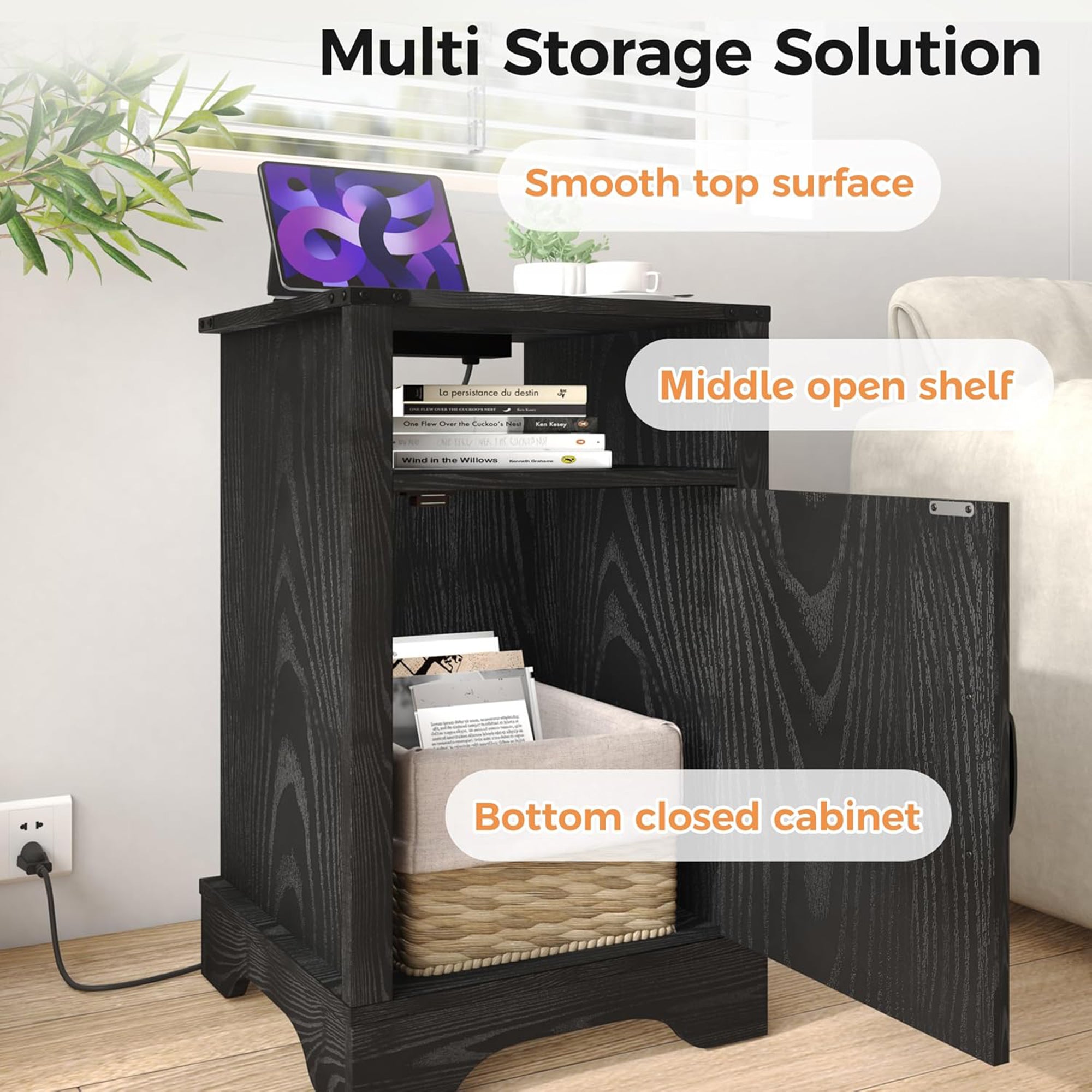 RoyalCraft Farmhouse Bedroom Nightstand with Charging Station, Set of 2, Black