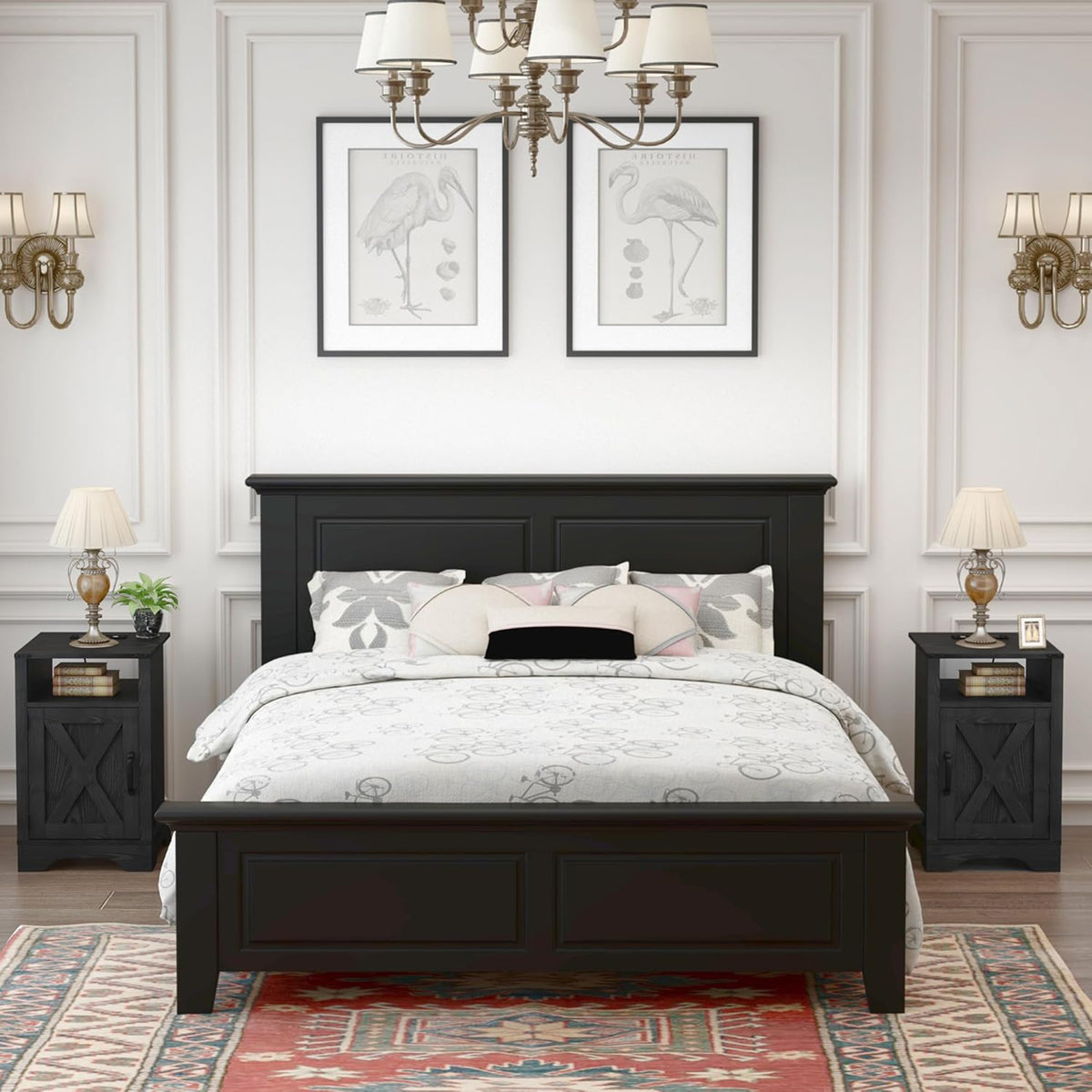 RoyalCraft Farmhouse Bedroom Nightstand w/Charging Station, Black (For Parts)