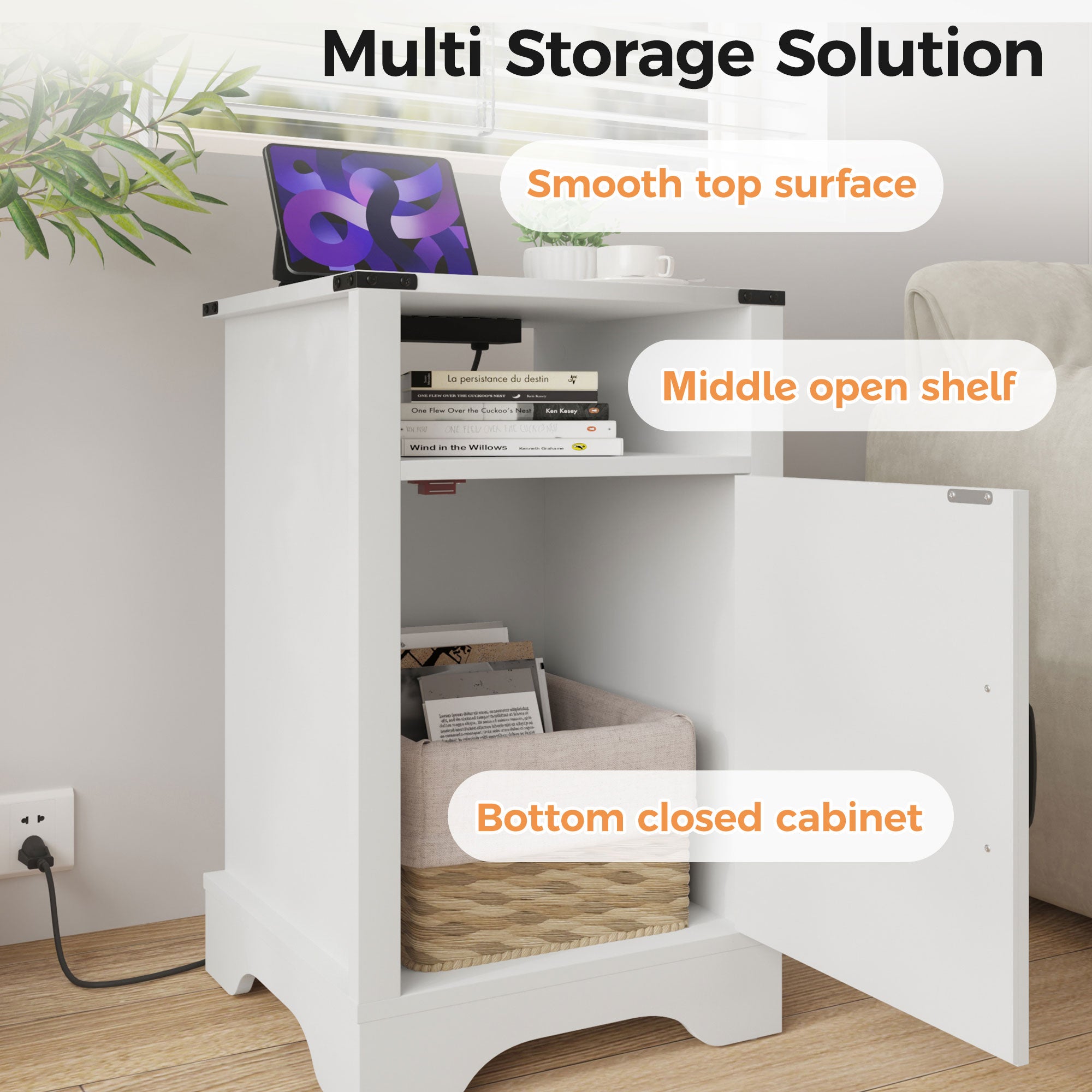 RoyalCraft Farmhouse Nightstand, Bedroom Table with Charging Station, White - VMInnovations