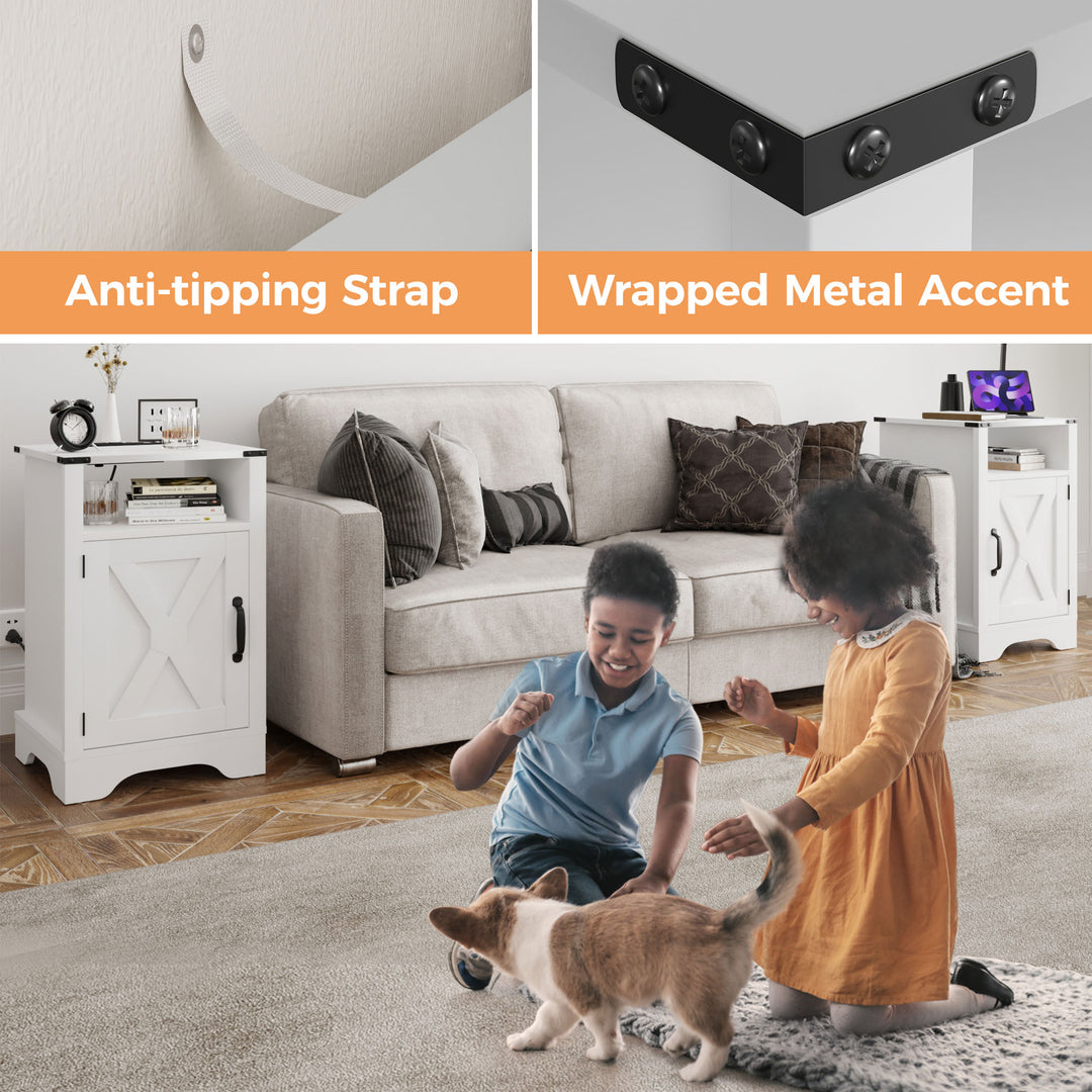 RoyalCraft Farmhouse Nightstand w/Charging Station, White (Open Box)