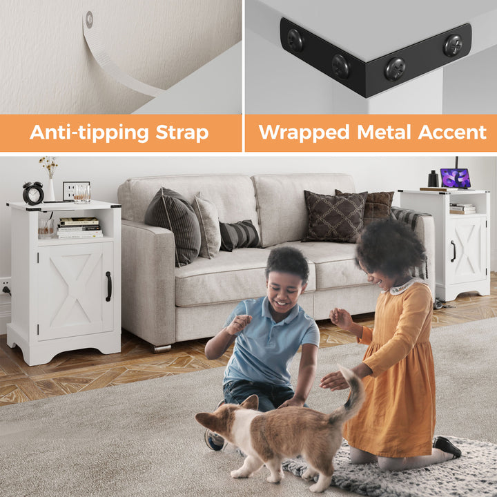 RoyalCraft Farmhouse Nightstand w/Charging Station, White (Open Box)