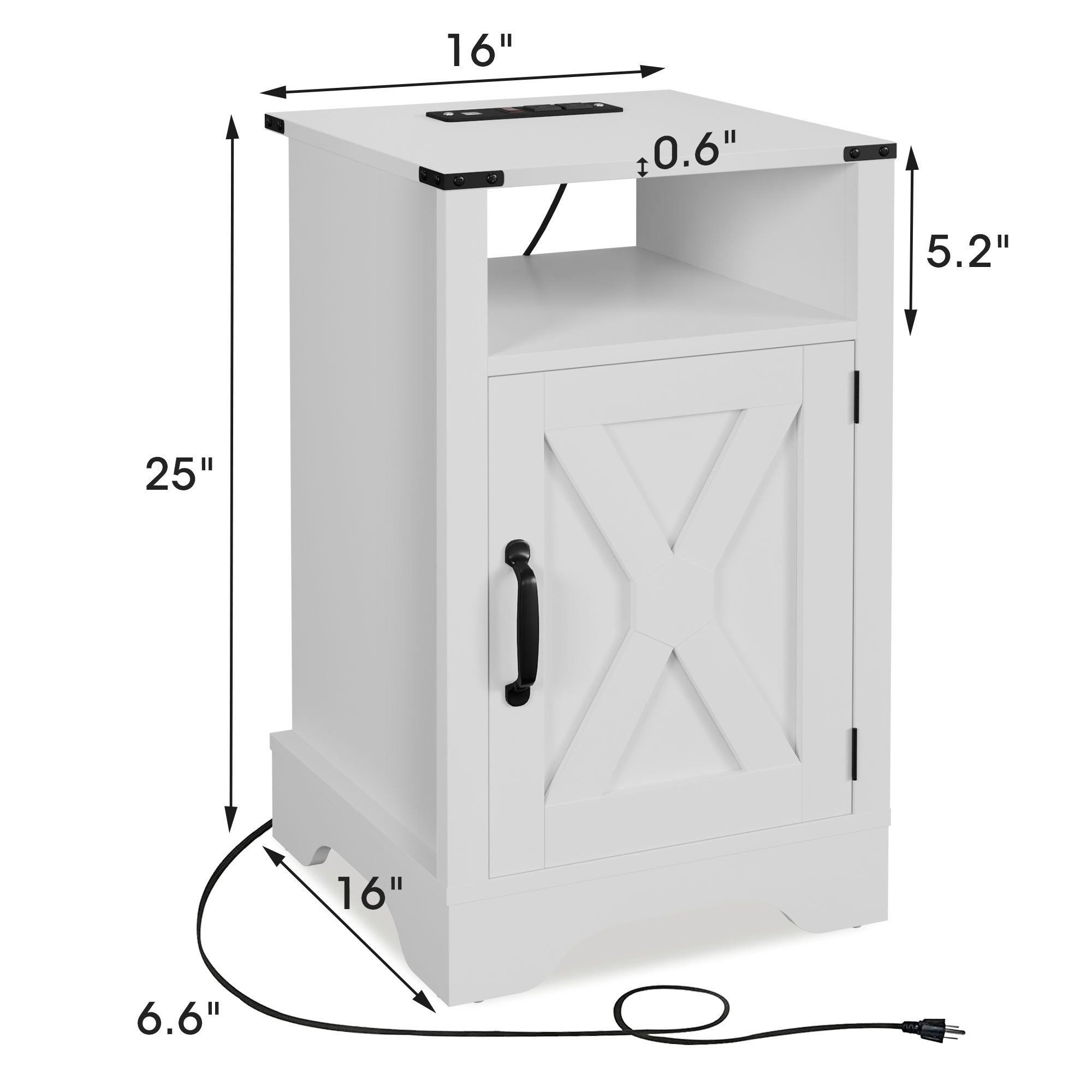RoyalCraft Farmhouse Nightstand w/Charging Station, White (Open Box)