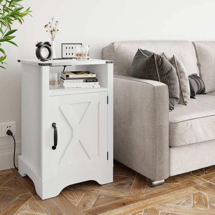 RoyalCraft Farmhouse Nightstand, Bedroom Table with Charging Station, White