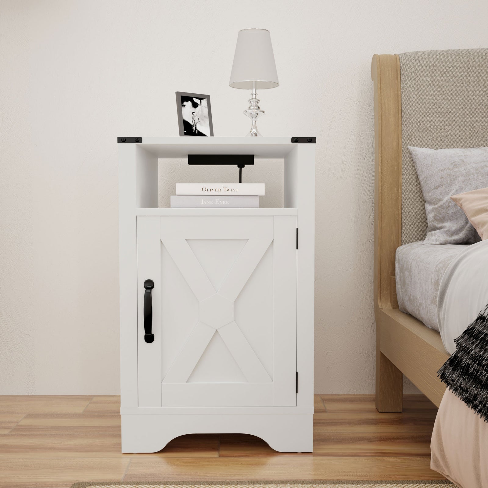 RoyalCraft Farmhouse Nightstand w/Charging Station, White (Open Box) - VMInnovations