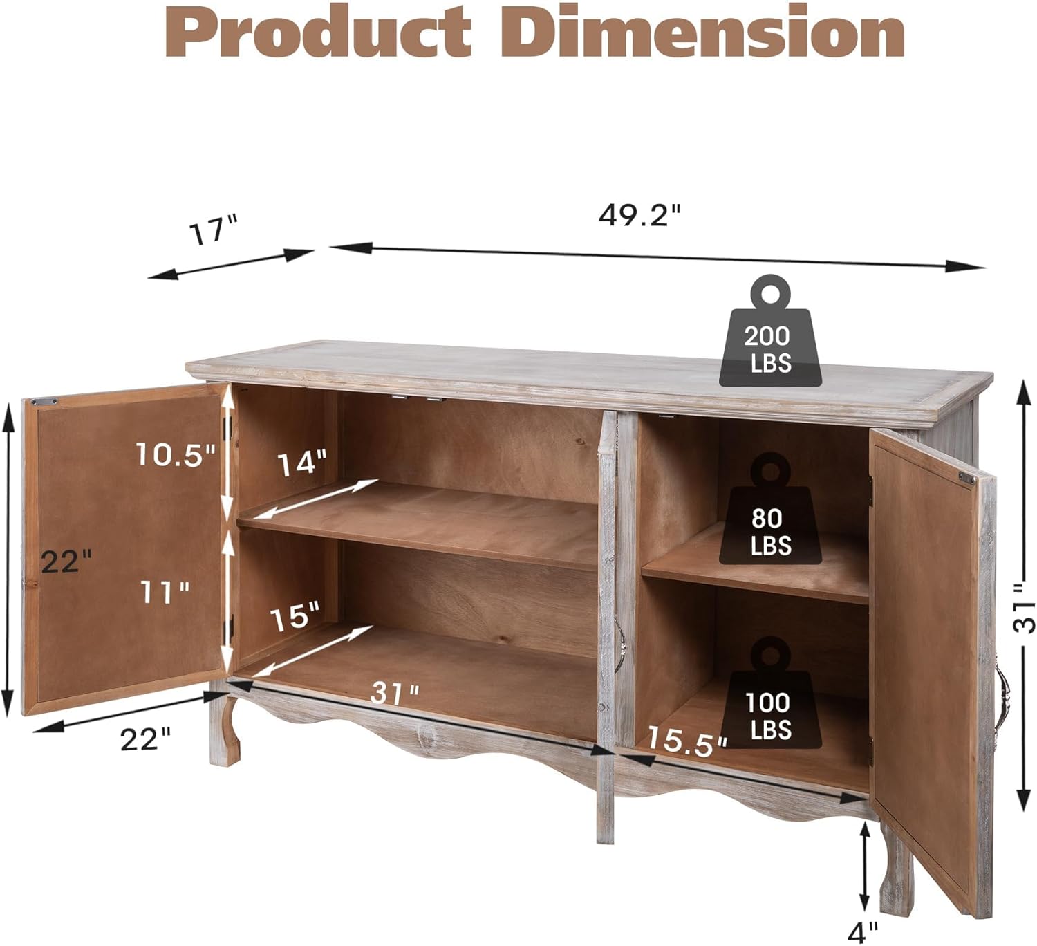 RoyalCraft Farmhouse Buffet Cabinet Solid Wood Sideboard Storage Table, Gray - VMInnovations
