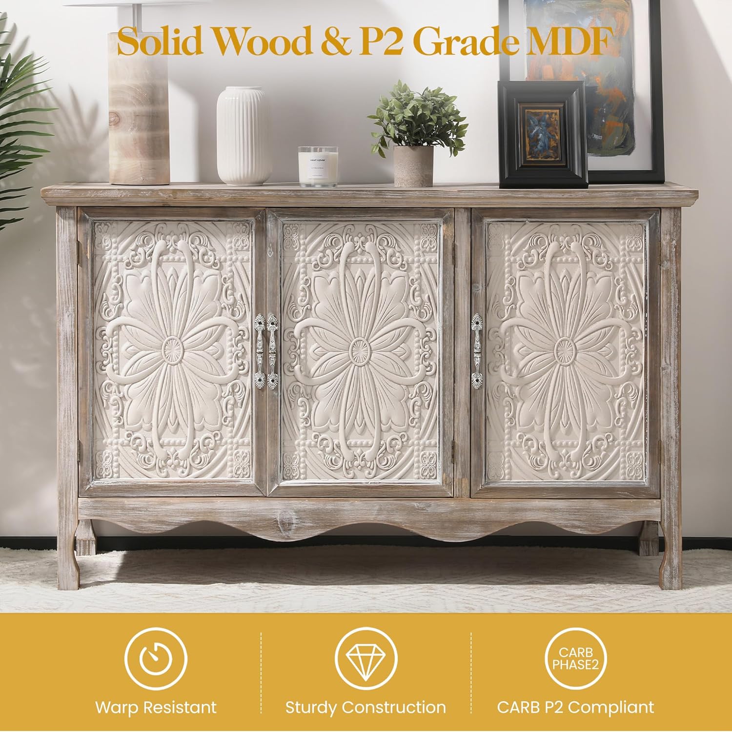 RoyalCraft Buffet Cabinet Solid Wood Sideboard Storage Table, Gray (Open Box) - VMInnovations
