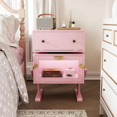RoyalCraft Nightstand with LED Light Strips, Rotating Drawer, Pink (Open Box) - VMInnovations