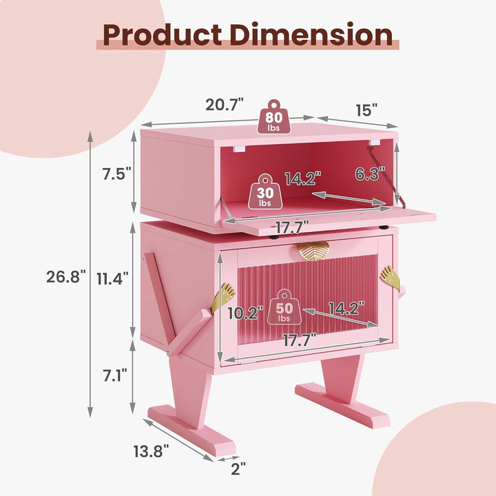 RoyalCraft Nightstand with LED Light Strips, Rotating Drawer & Glass Door, Pink