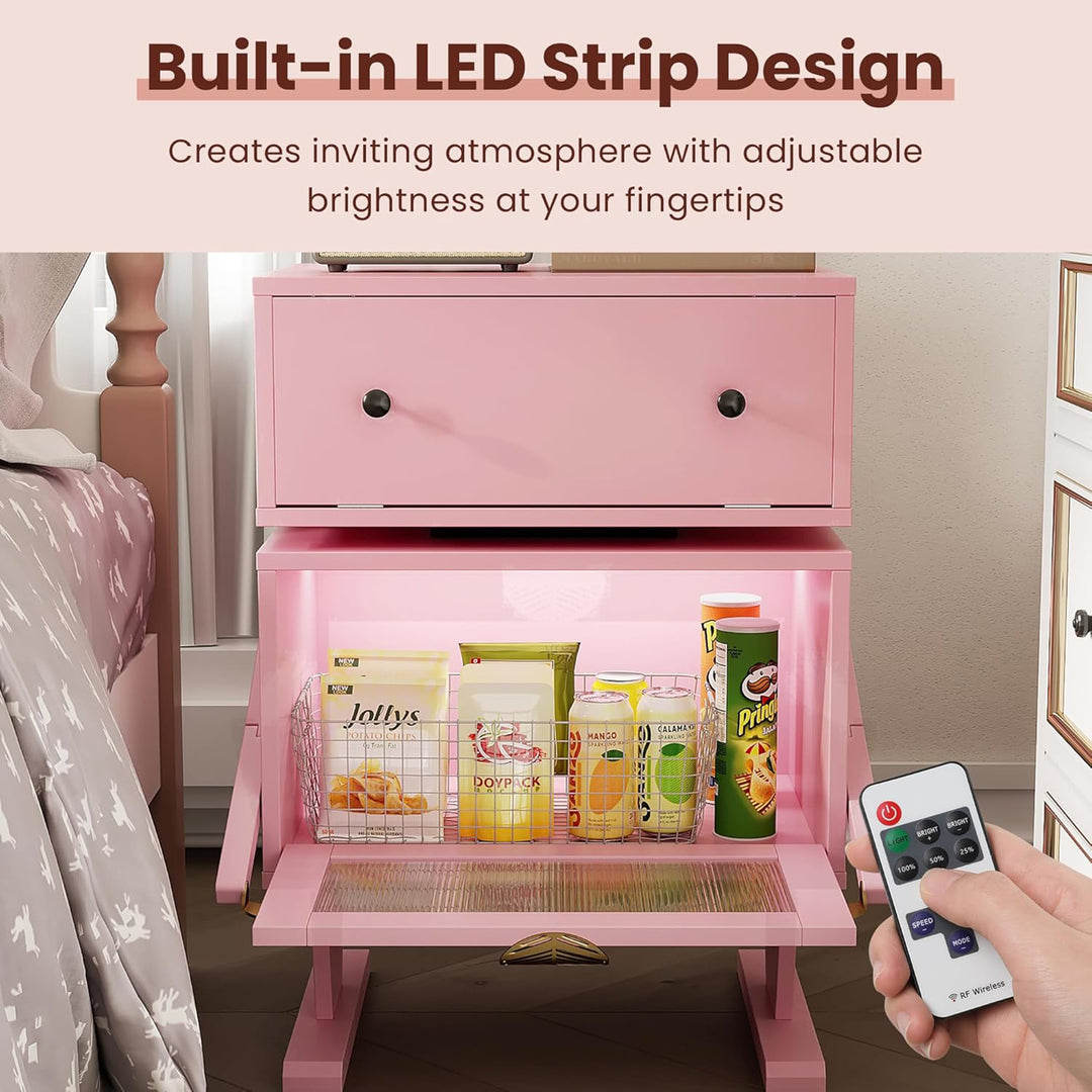 RoyalCraft Nightstand with LED Light Strips, Rotating Drawer & Glass Door, Pink