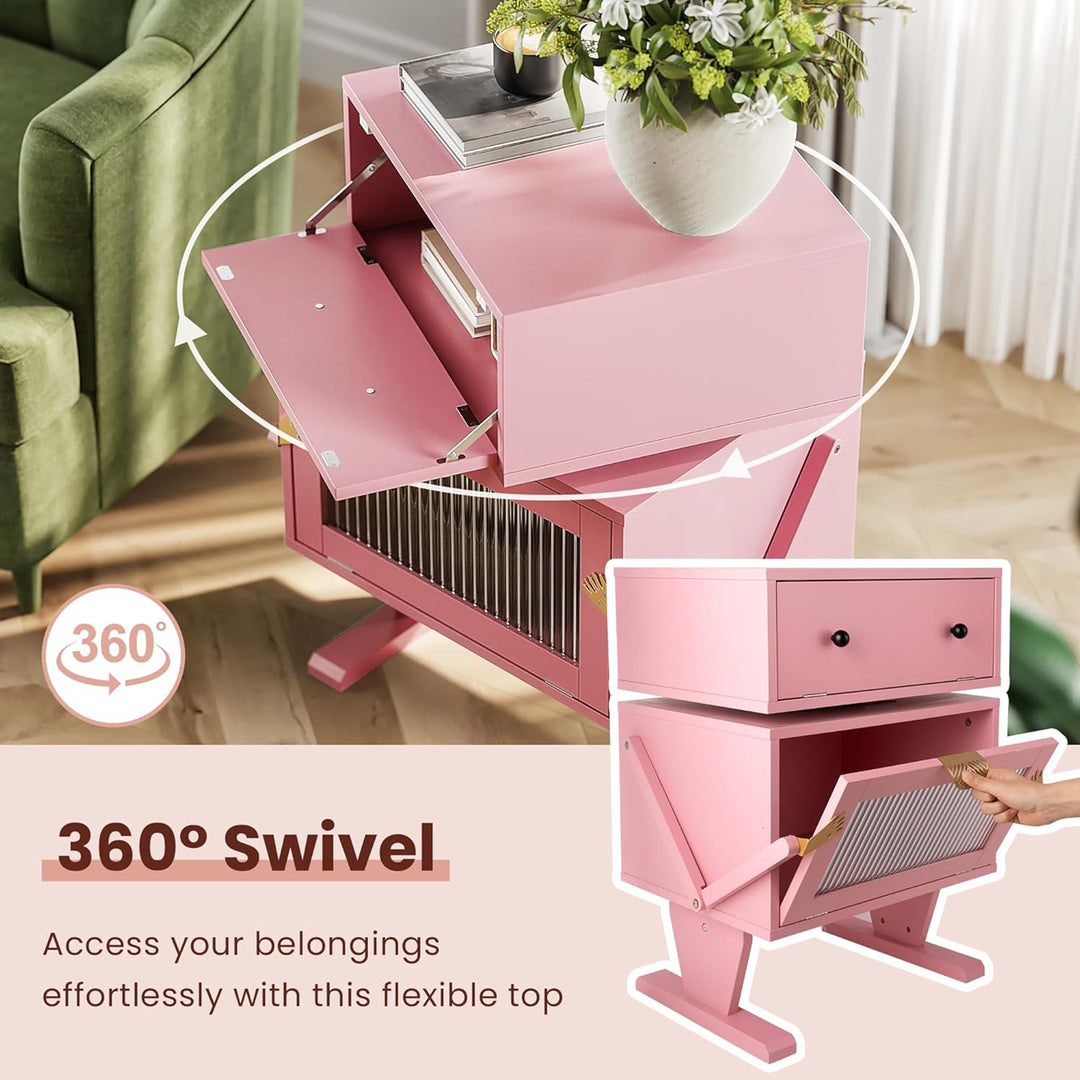 RoyalCraft Nightstand with LED Light Strips, Rotating Drawer & Glass Door, Pink