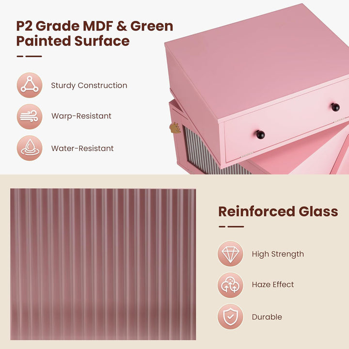 RoyalCraft Nightstand with LED Light Strips, Rotating Drawer & Glass Door, Pink