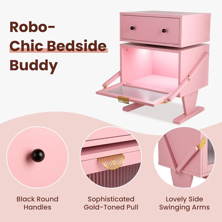 RoyalCraft Nightstand with LED Light Strips, Rotating Drawer & Glass Door, Pink