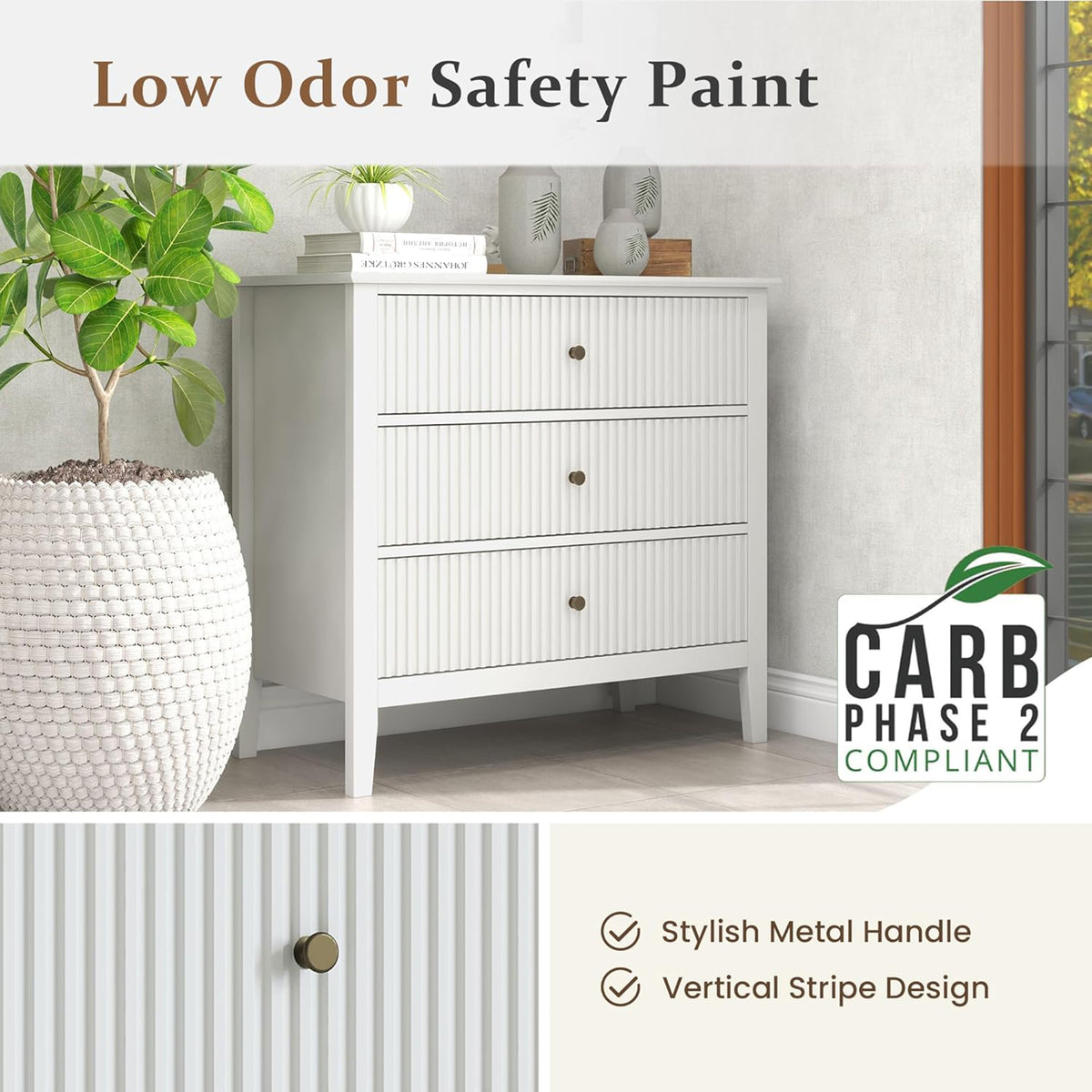 RoyalCraft Fluted Dresser 3 Drawer Bedroom Storage Cabinet/Nightstand(Open Box) - VMInnovations