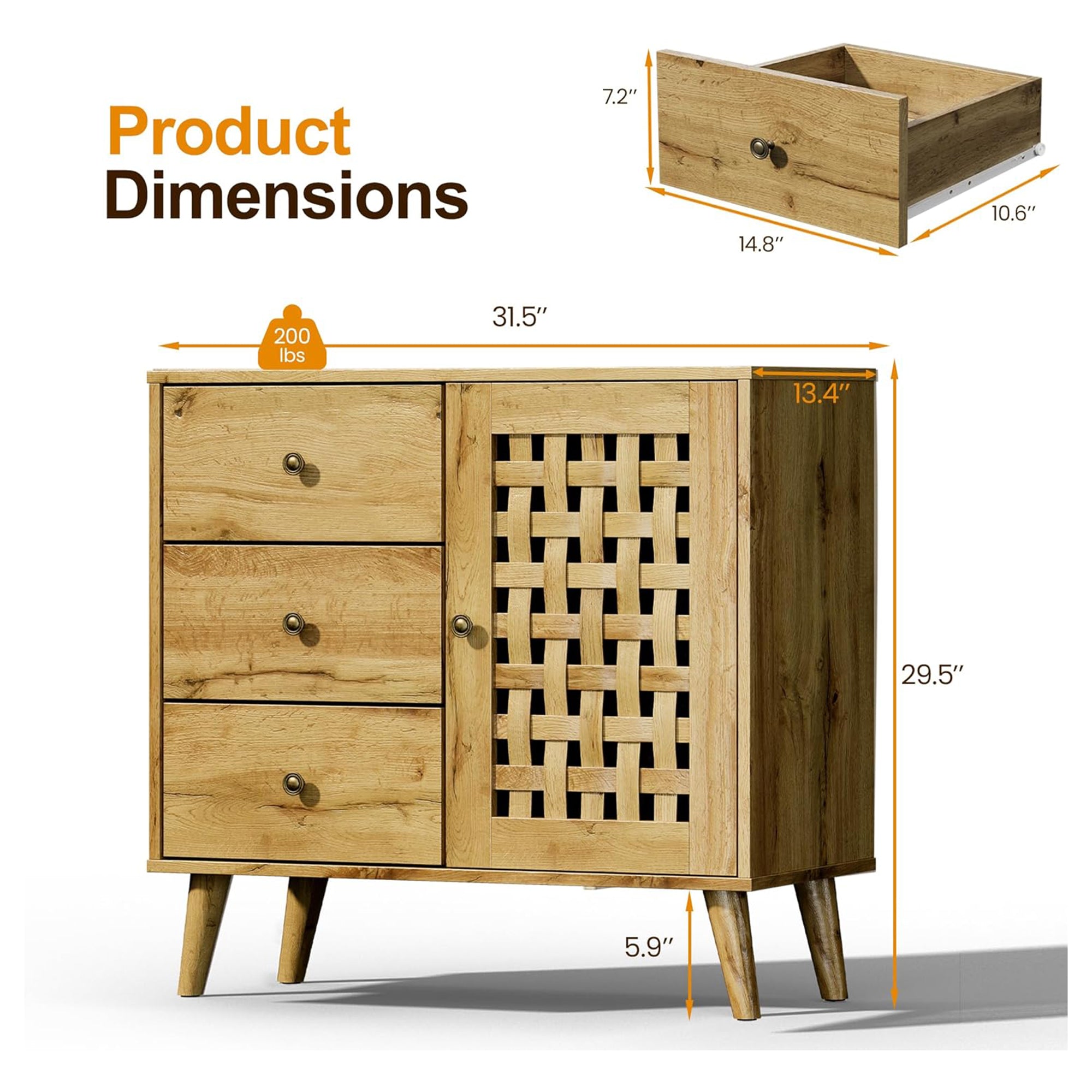 RoyalCraft Accent Storage Cabinet Sideboard Drawers Adjustable Shelves Natural - VMInnovations