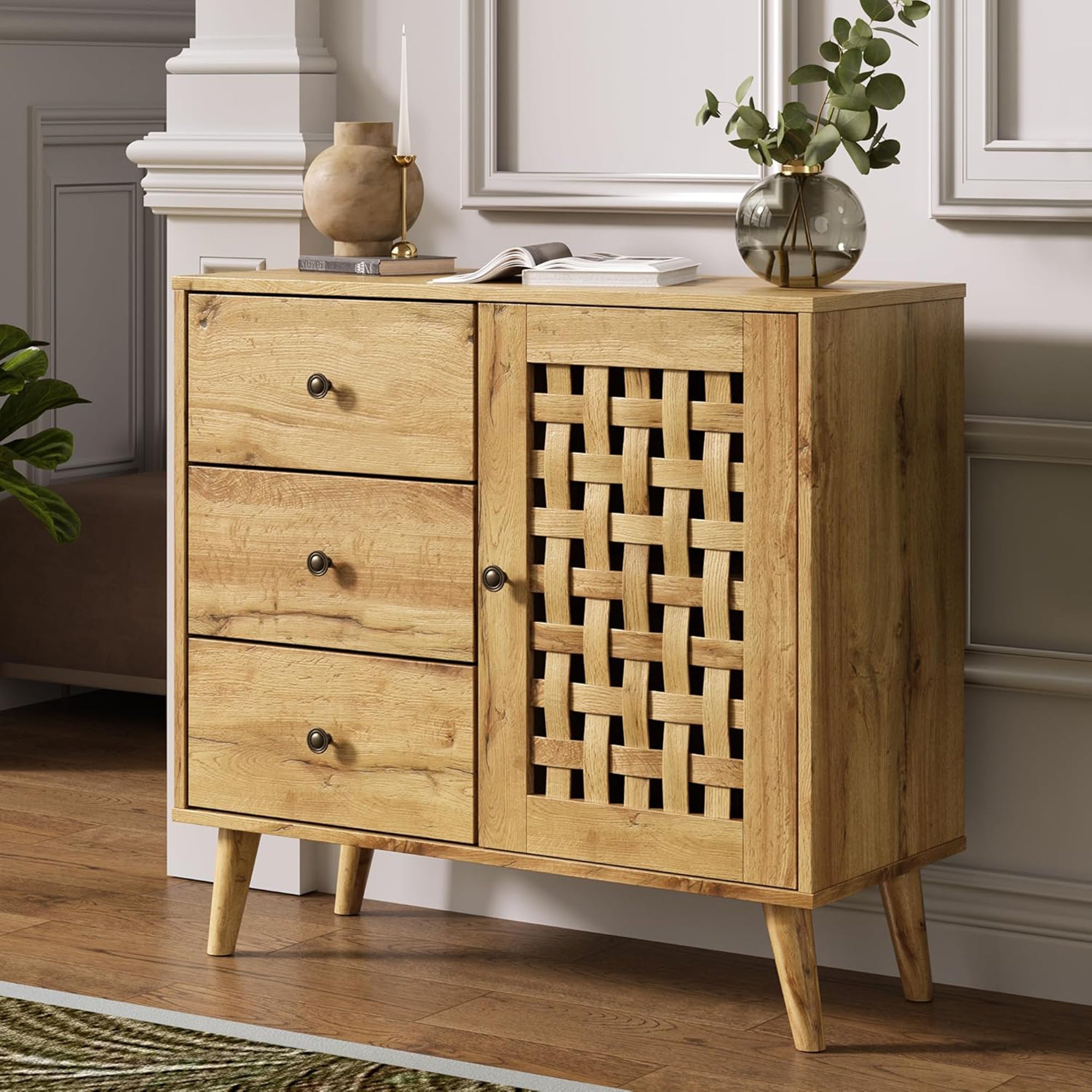 RoyalCraft Accent Storage Cabinet Sideboard Drawers Adjustable Shelves Natural - VMInnovations
