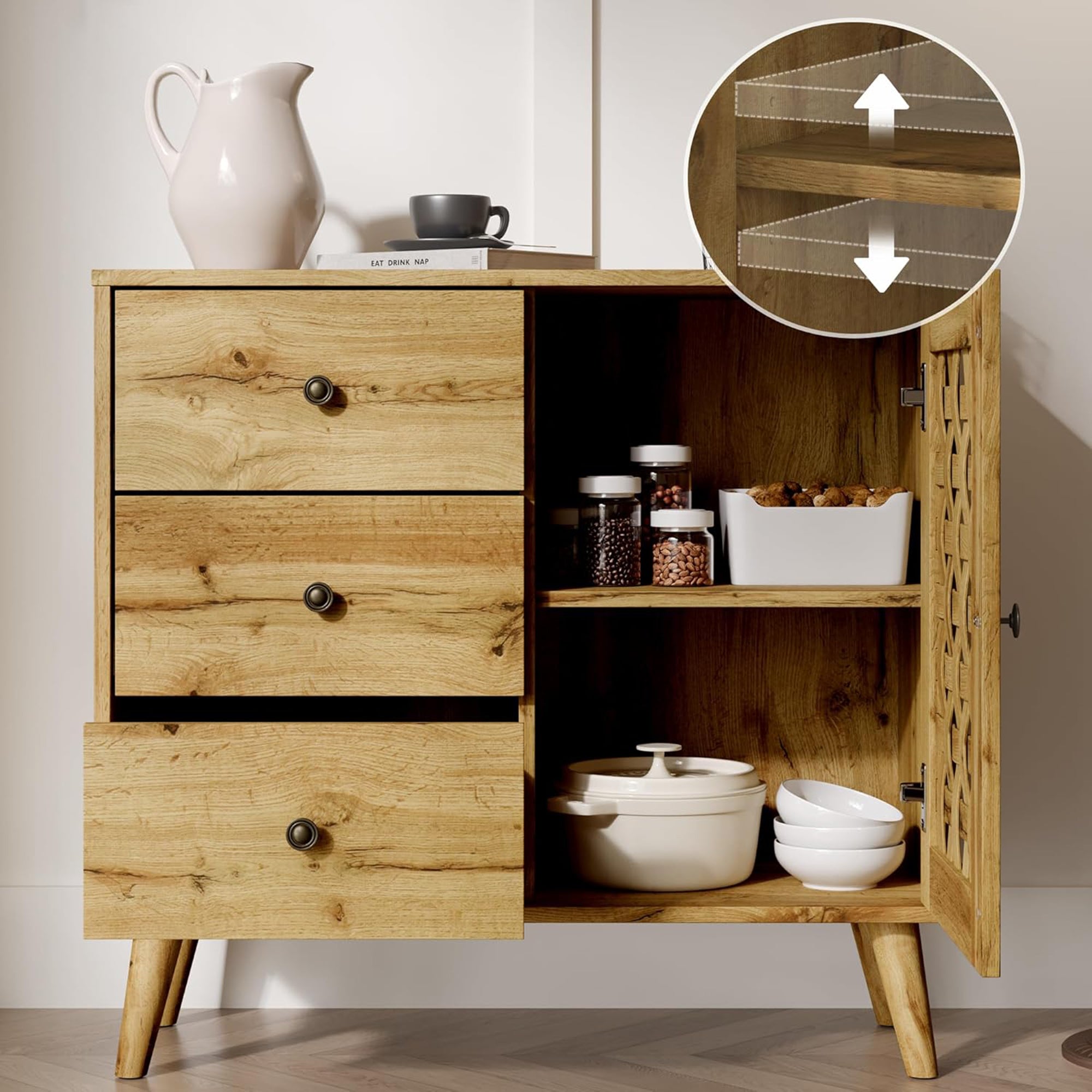 RoyalCraft Accent Storage Cabinet Sideboard Drawers Adjustable Shelves Natural - VMInnovations