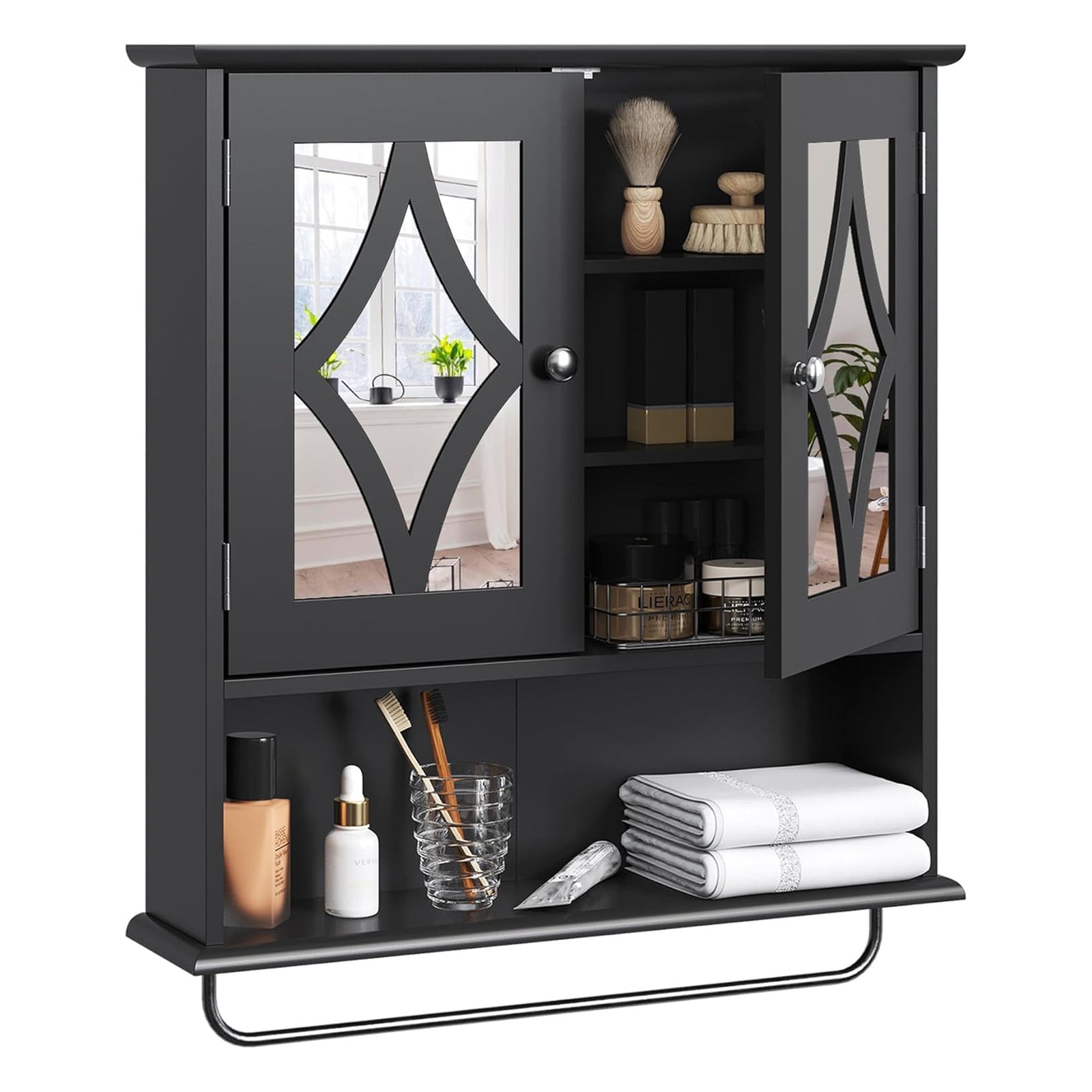 RoyalCraft Bathroom Wall Wood Medicine Cabinet with Mirror and Towel Bar, Black - VMInnovations