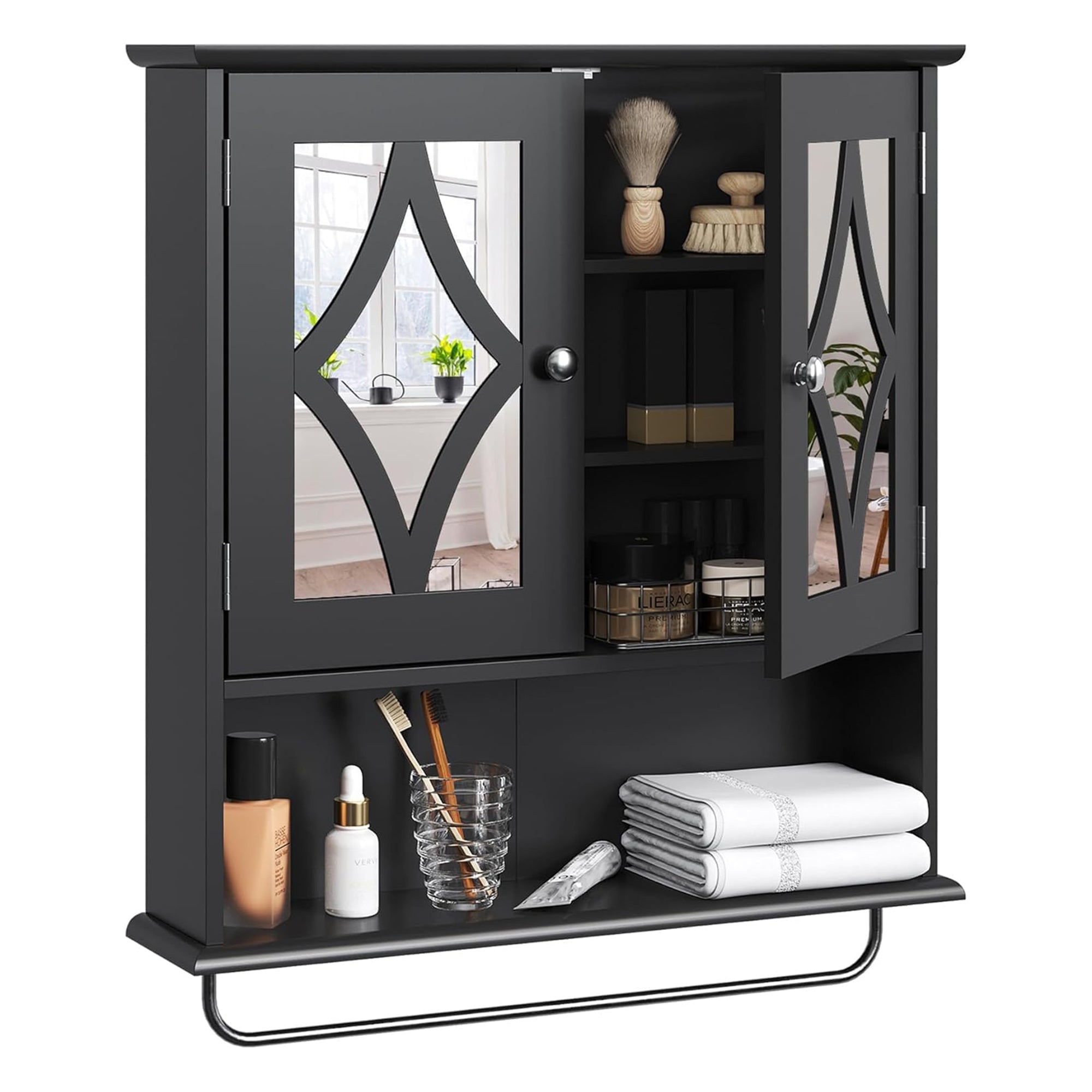 RoyalCraft Bathroom Wall Wood Medicine Cabinet with Mirror and Towel Bar, Black - VMInnovations