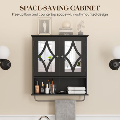 RoyalCraft Bathroom Wall Wood Medicine Cabinet with Mirror and Towel Bar, Black - VMInnovations