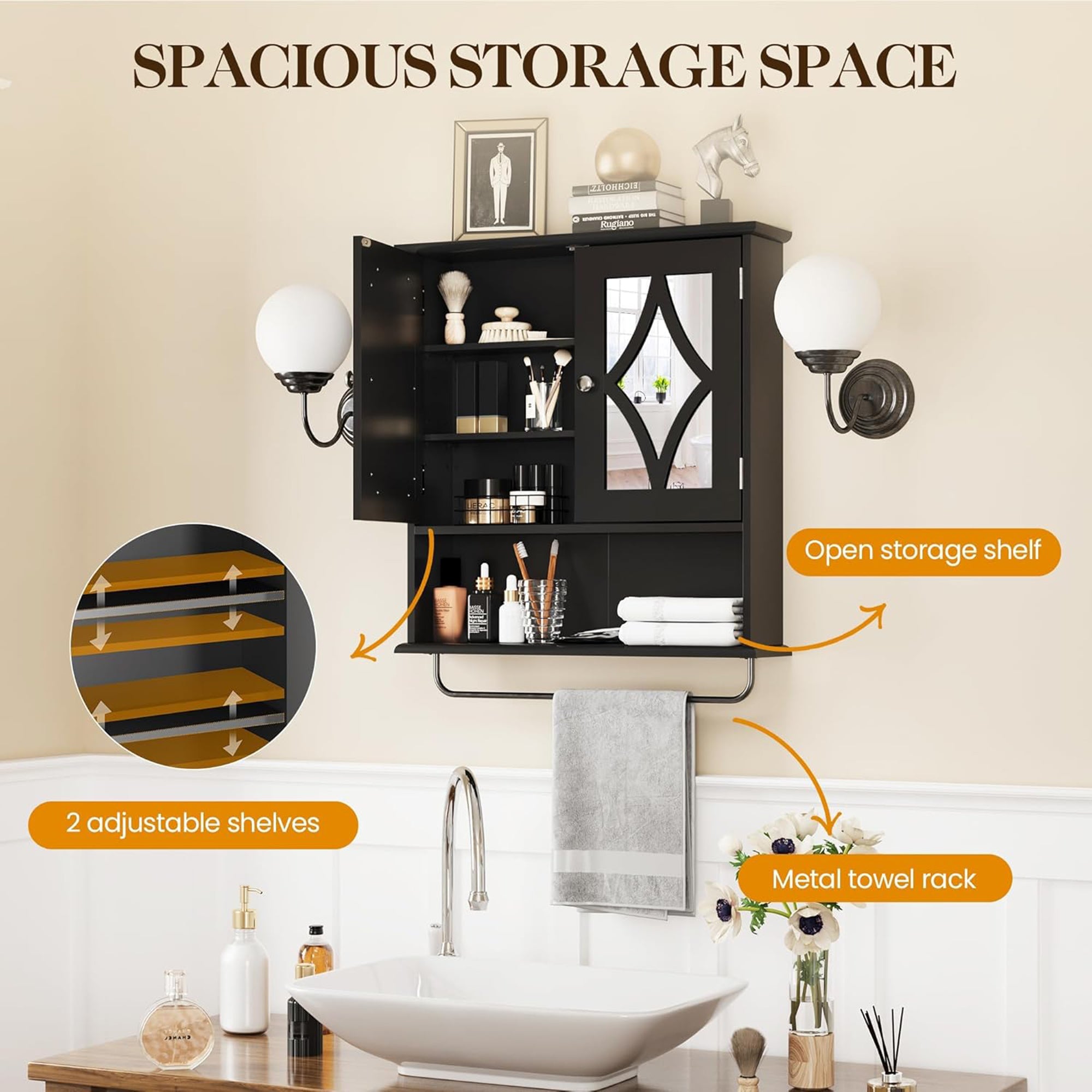 RoyalCraft Bathroom Wall Wood Medicine Cabinet with Mirror and Towel Bar, Black - VMInnovations