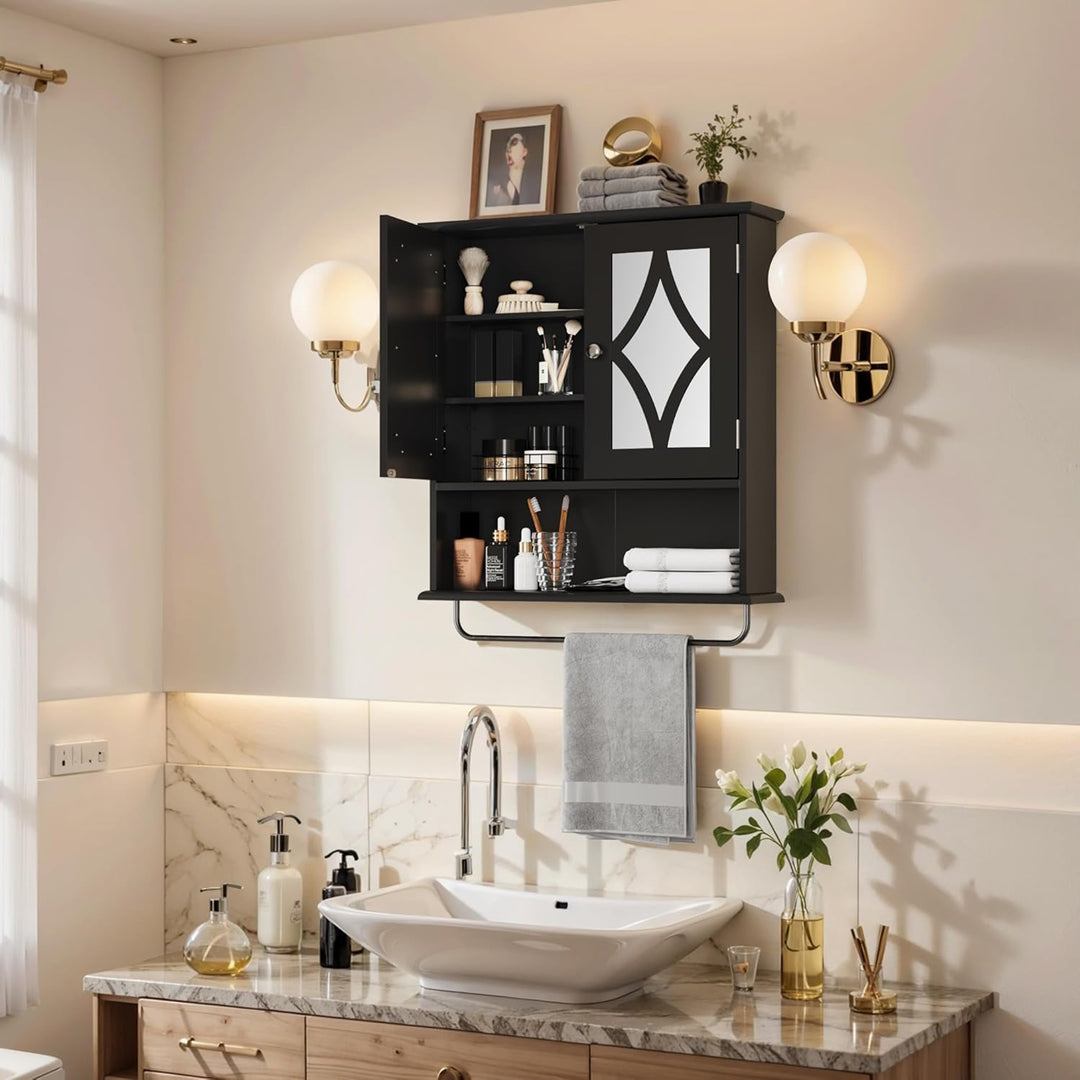 RoyalCraft Bathroom Wall Wood Medicine Cabinet with Mirror and Towel Bar, Black