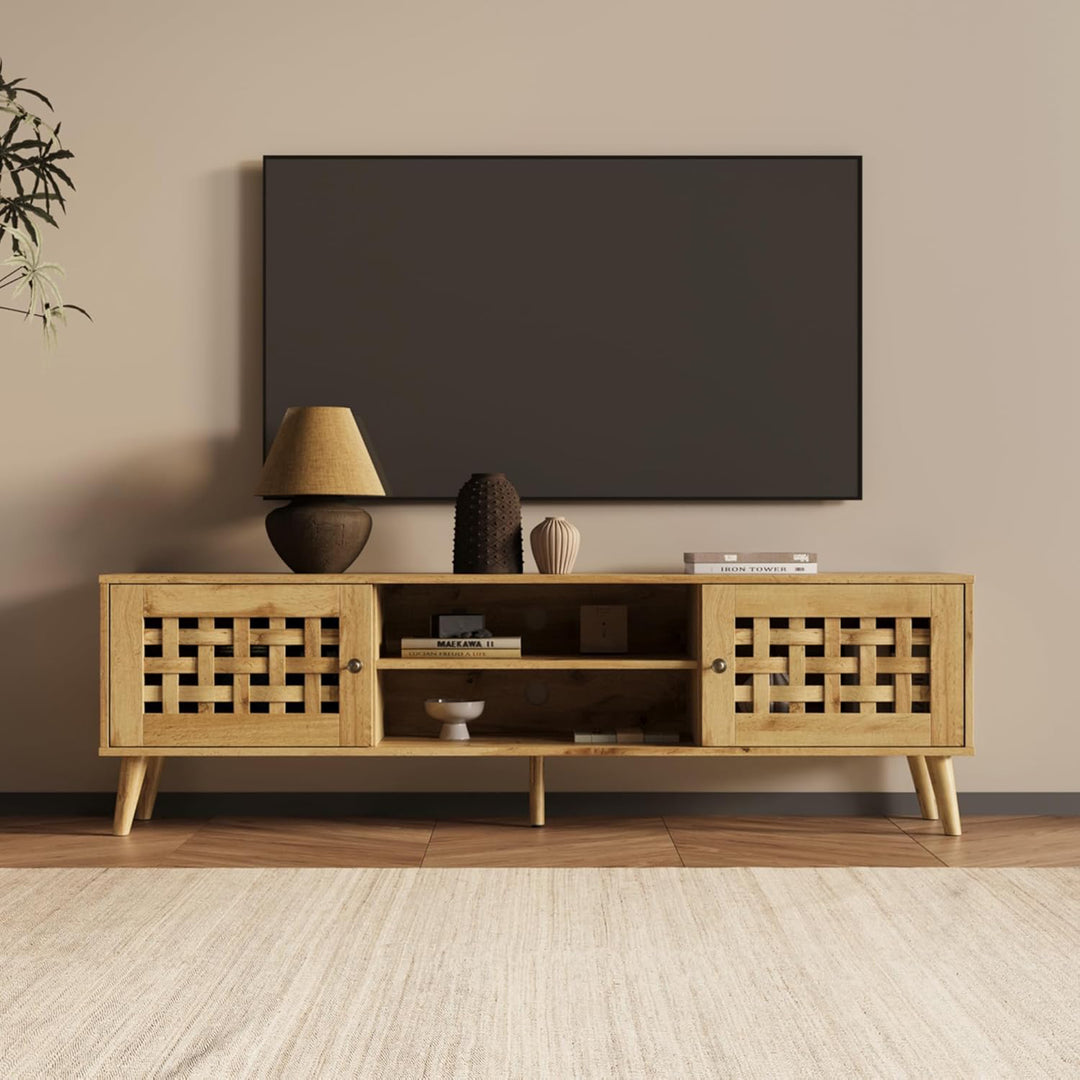 RoyalCraft Rattan TV Stand Entertainment Center with Storage for 65 Inch TVs
