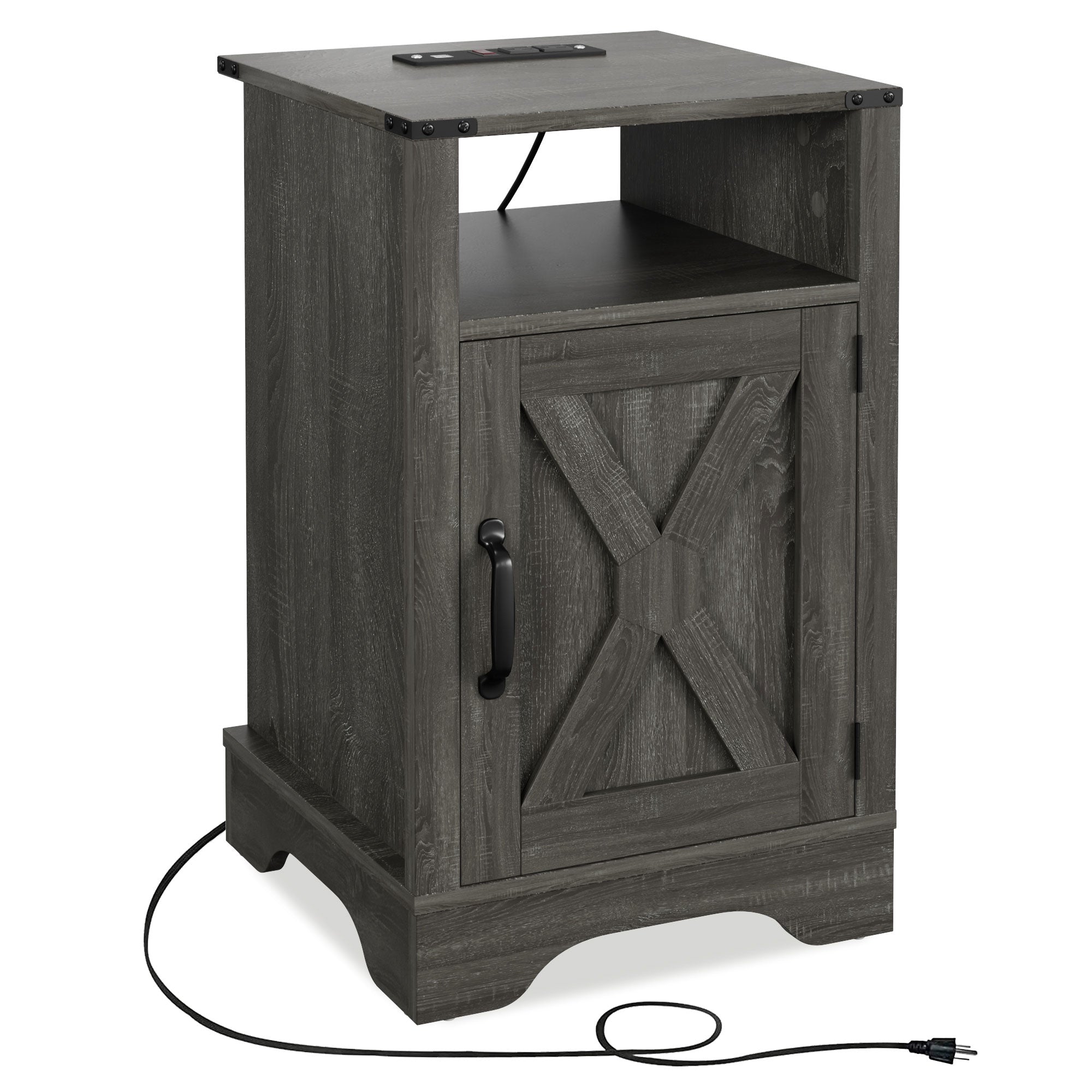 RoyalCraft Farmhouse Nightstand, Bedroom Table with Charging Station, Dark Grey - VMInnovations