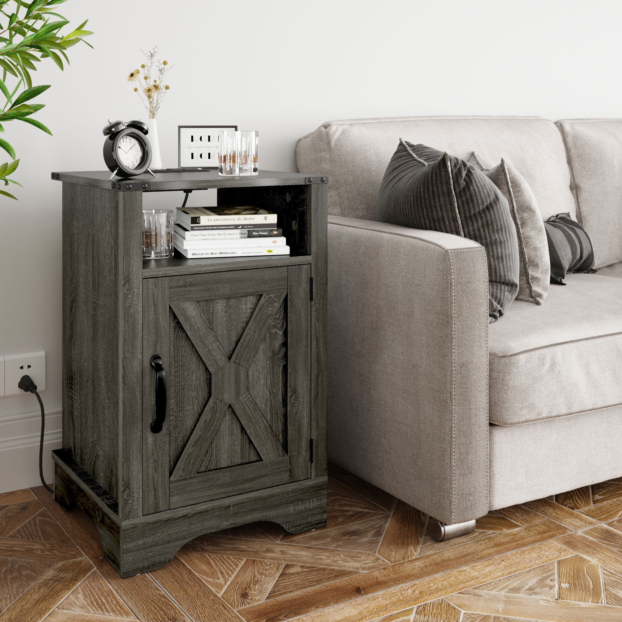 RoyalCraft Farmhouse Nightstand, Bedroom Table with Charging Station, Dark Grey - VMInnovations