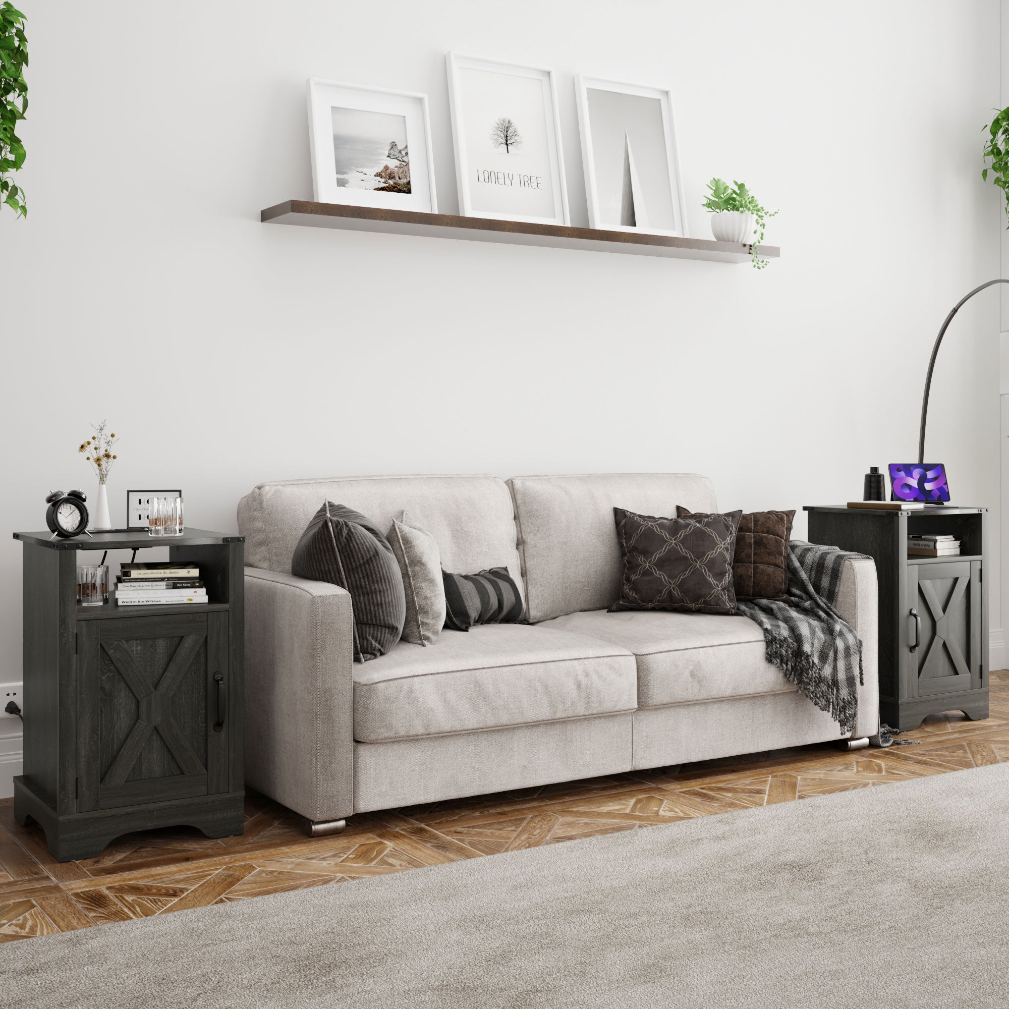 RoyalCraft Farmhouse Nightstand, Bedroom Table with Charging Station, Dark Grey - VMInnovations