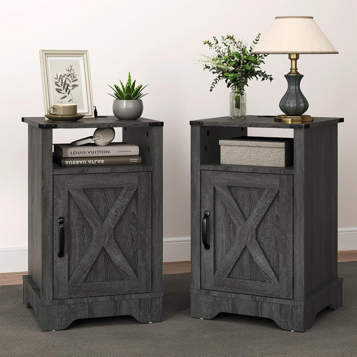 RoyalCraft Farmhouse Nightstand, Bedroom Table with Charging Station, Dark Grey