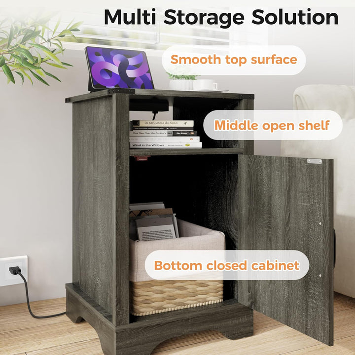 RoyalCraft Farmhouse Nightstand, Bedroom Table with Charging Station, Dark Grey