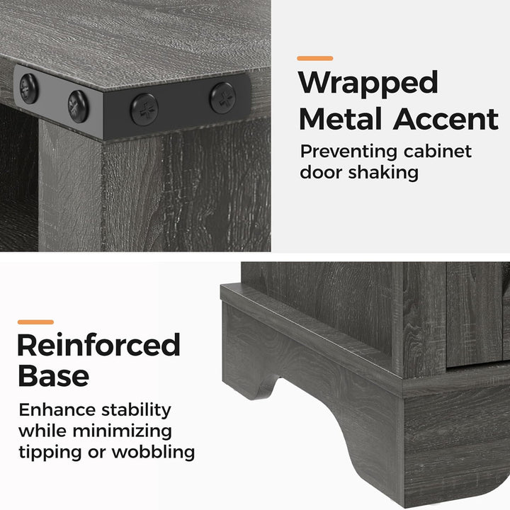 RoyalCraft Farmhouse Nightstand, Bedroom Table with Charging Station, Dark Grey