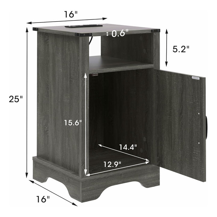 RoyalCraft Farmhouse Nightstand, Bedroom Table with Charging Station, Dark Grey
