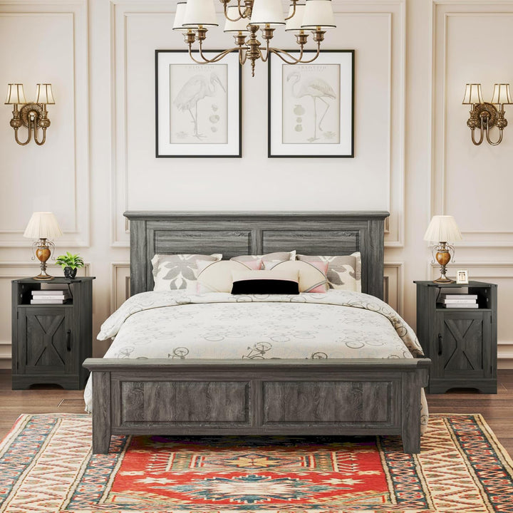 RoyalCraft Farmhouse Nightstand, Bedroom Table with Charging Station, Dark Grey