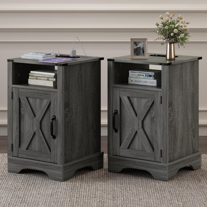 RoyalCraft Farmhouse Nightstand, Bedroom Table with Charging Station, Dark Grey