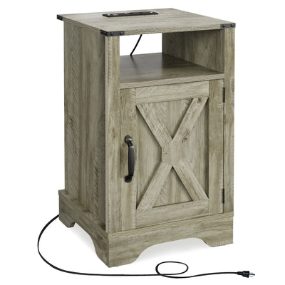 RoyalCraft Farmhouse Nightstand, Bedroom Table with Charging Station, Light Grey - VMInnovations