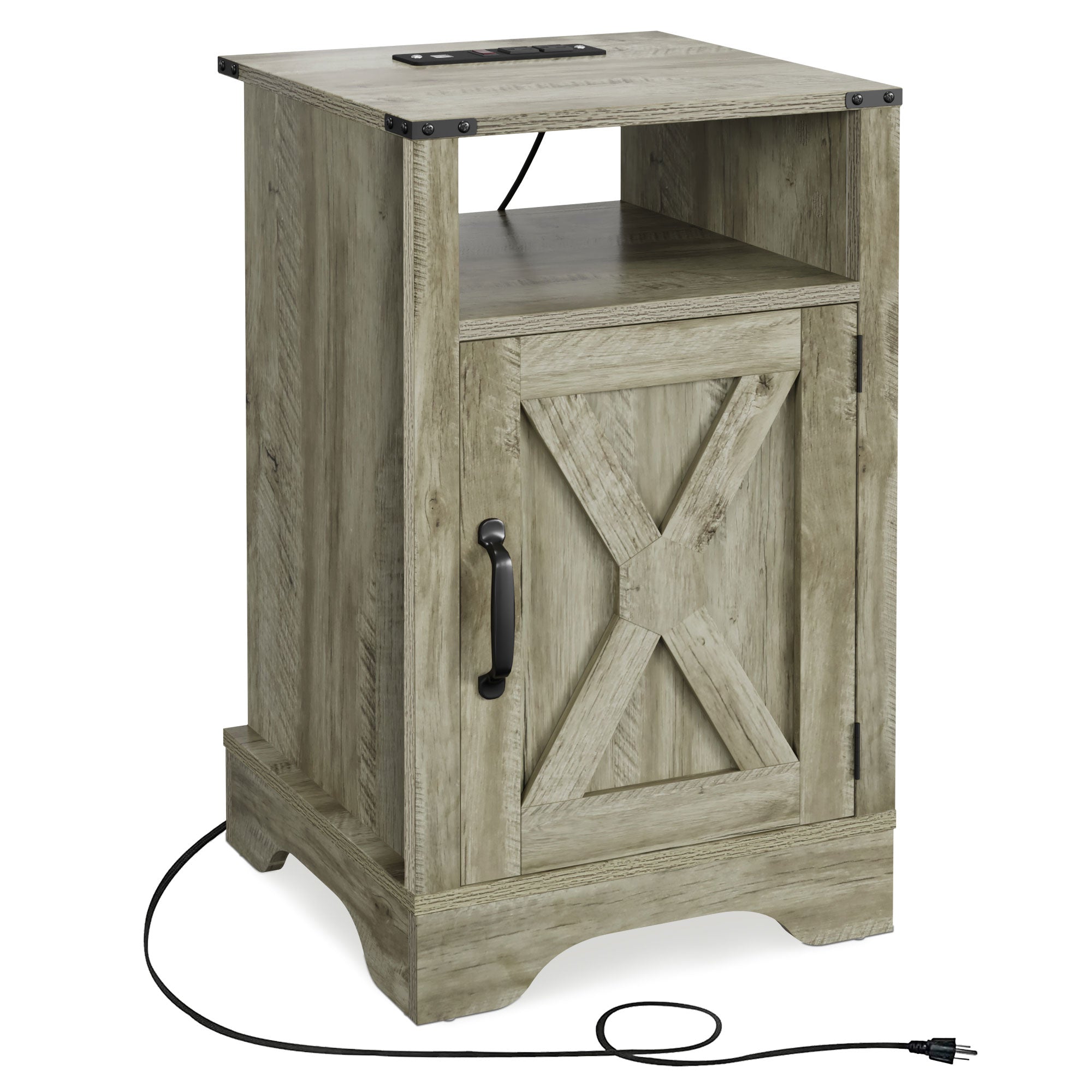 RoyalCraft Nightstand, Bedroom Table w/Charging Station, Light Grey (Open Box) - VMInnovations