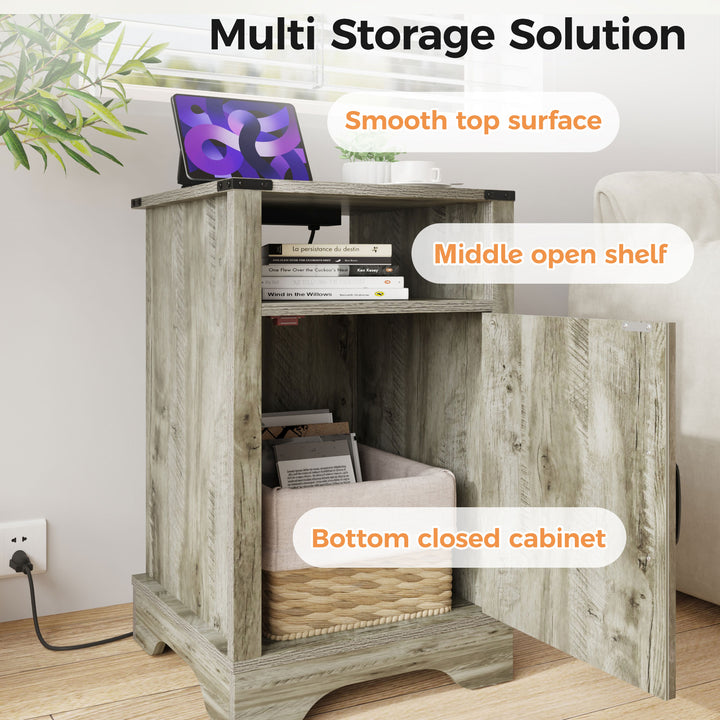 RoyalCraft Farmhouse Nightstand, Bedroom Table with Charging Station, Light Grey