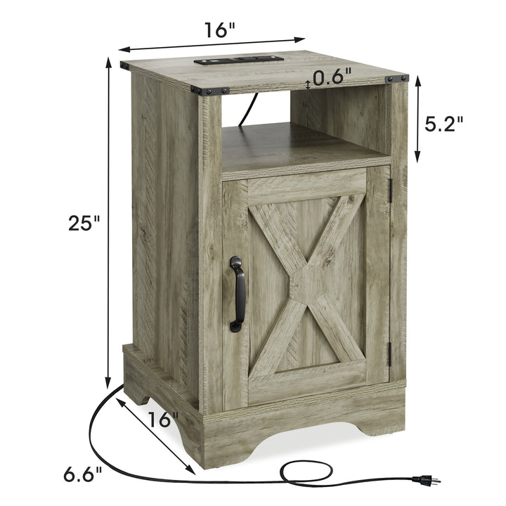 RoyalCraft Farmhouse Nightstand, Bedroom Table with Charging Station, Light Grey
