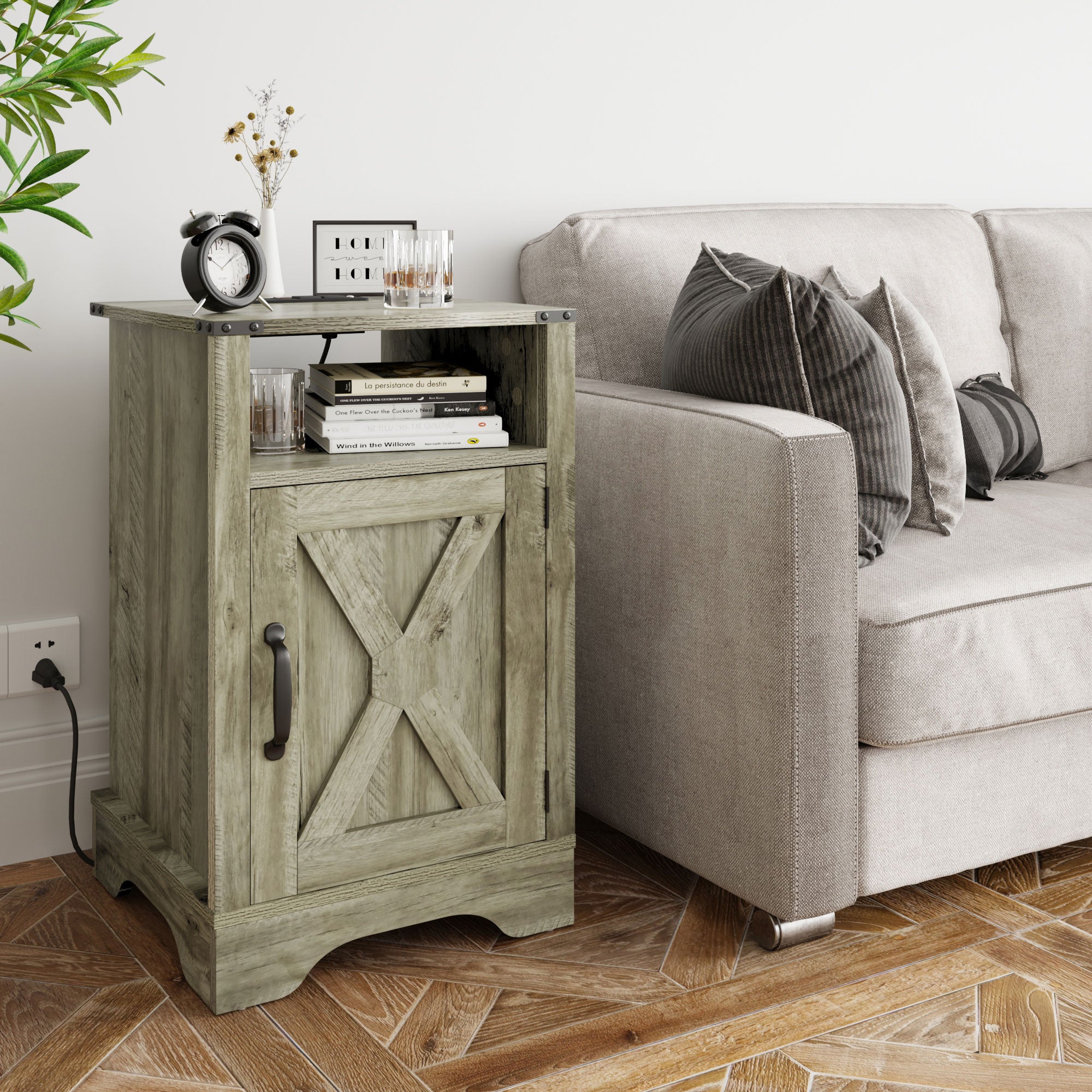 RoyalCraft Farmhouse Nightstand, Bedroom Table with Charging Station, Light Grey - VMInnovations