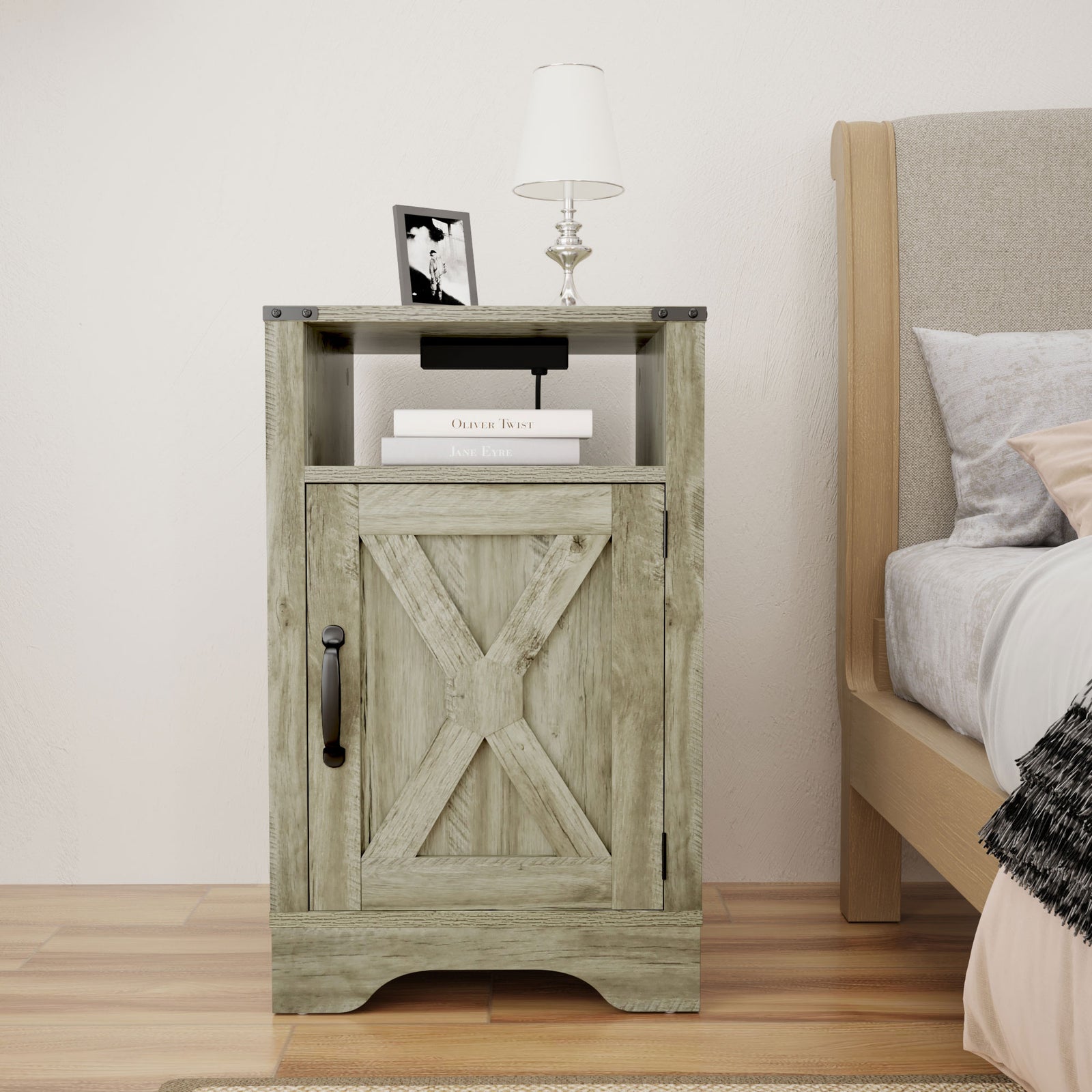 RoyalCraft Farmhouse Nightstand, Bedroom Table with Charging Station, Light Grey - VMInnovations