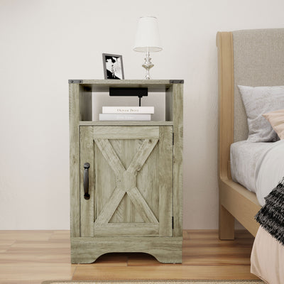 RoyalCraft Farmhouse Nightstand, Bedroom Table with Charging Station, Light Grey - VMInnovations