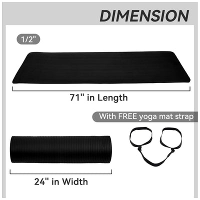 Fitvids 1/2-Inch Thick High Density Yoga Mat, Carrying Strap, Black (Used)