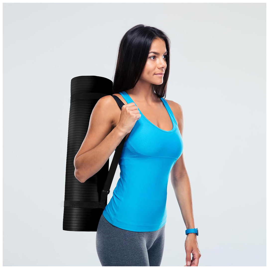 Fitvids 1/2-Inch Thick High Density Exercise Yoga Mat, Carrying Strap, Black