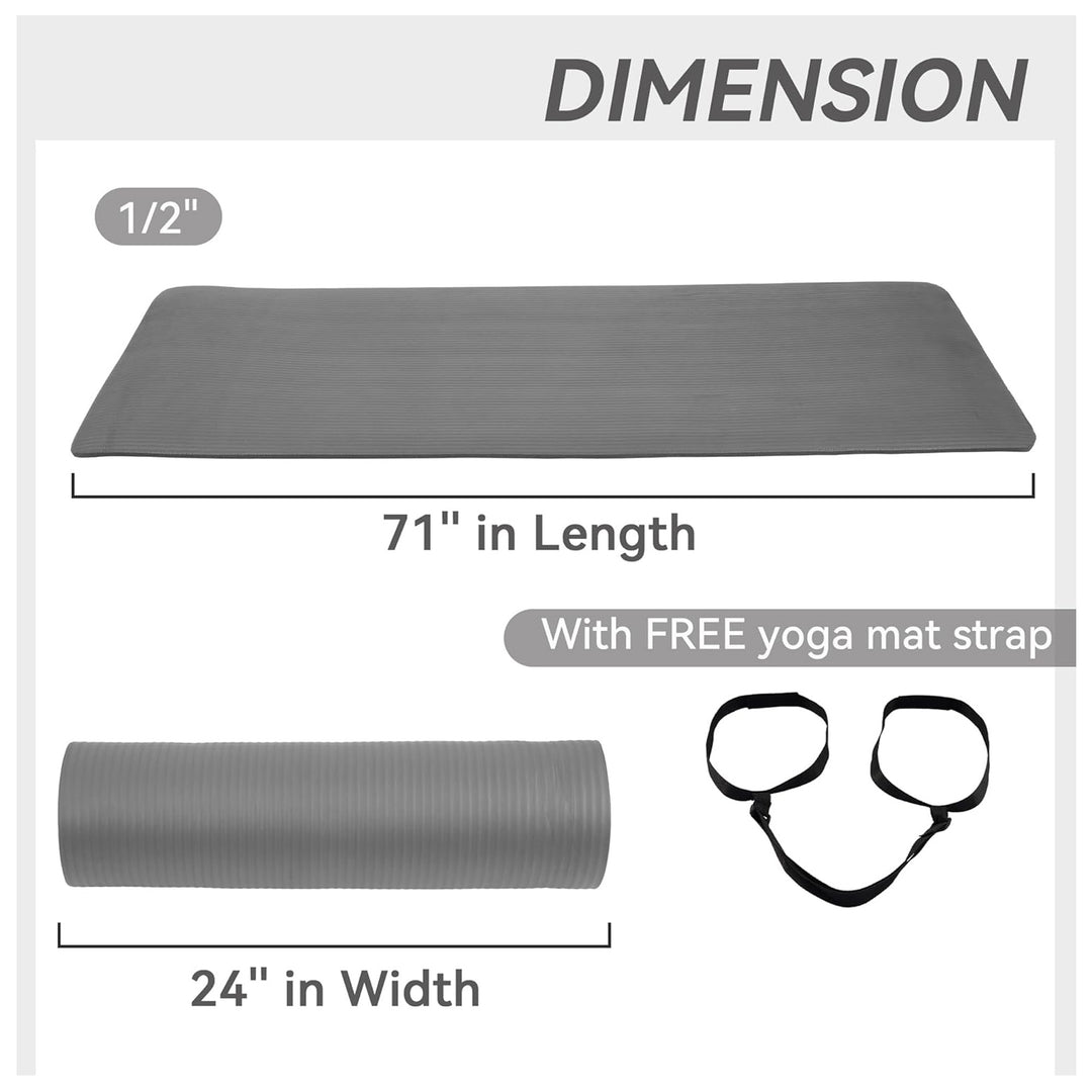 Fitvids 1/2-Inch Thick High Density Exercise Yoga Mat, Carrying Strap, Gray