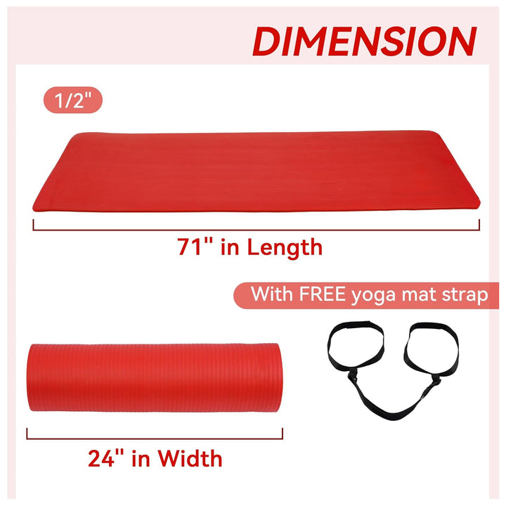 Fitvids 1/2-Inch Thick High Density Exercise Yoga Mat with Strap, Red (Open Box) - VMInnovations