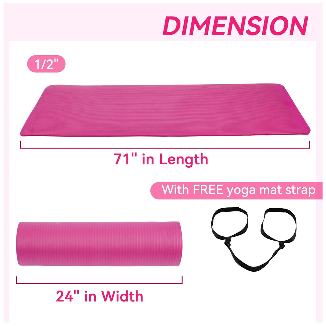 Fitvids 1/2-Inch Thick High Density Exercise Yoga Mat, Carrying Strap, Pink