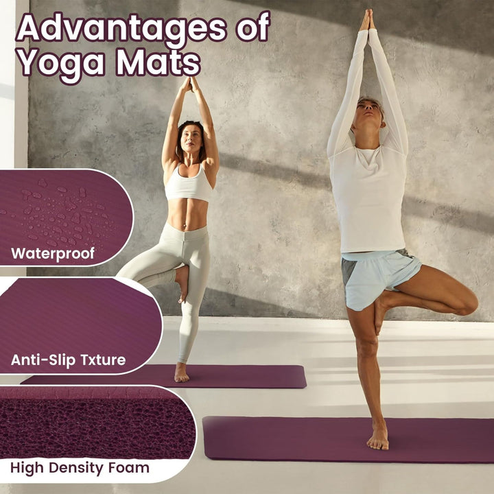 Fitvids 1/2" Thick High Density Exercise Yoga Mat, Carrying Strap, Deep Wine