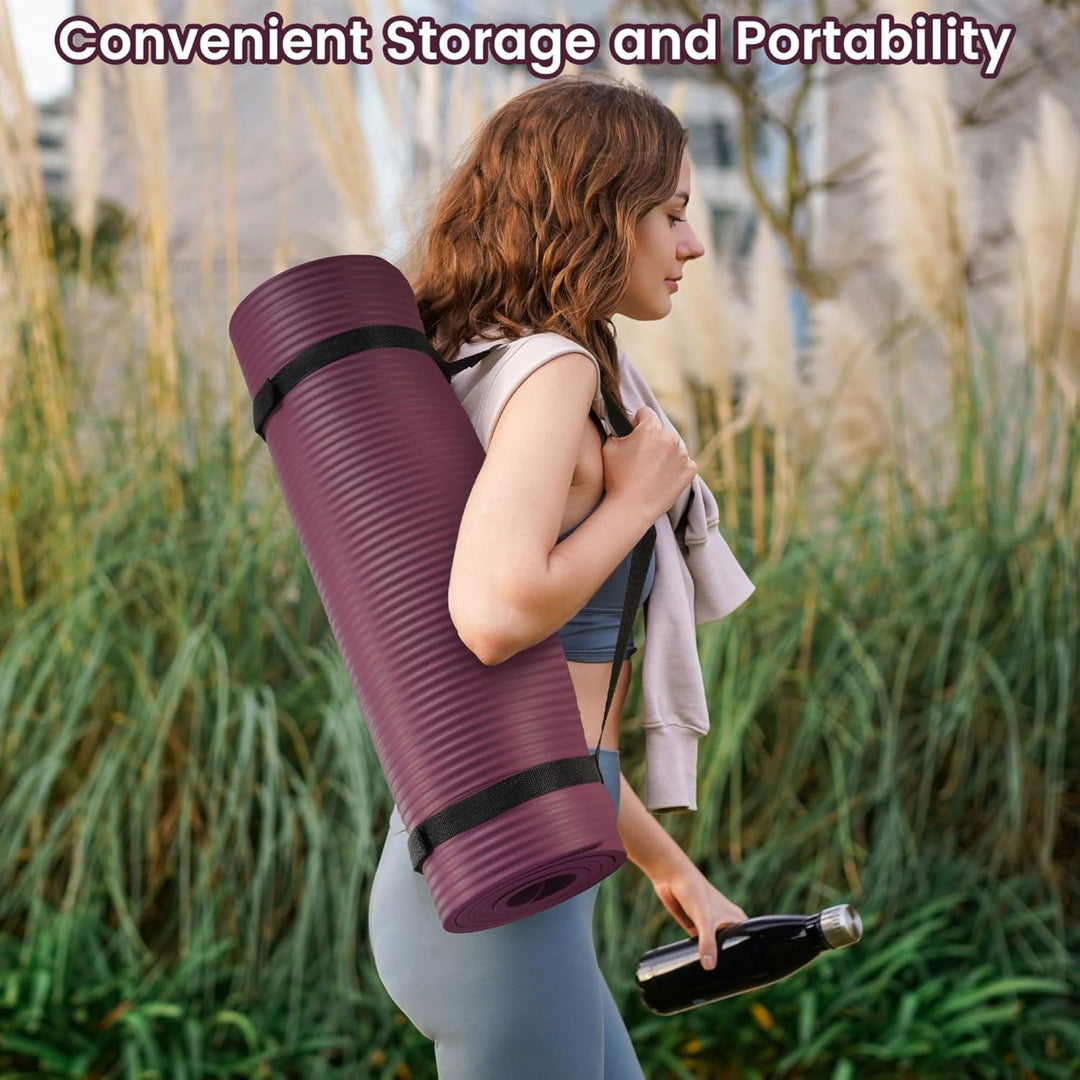 Fitvids 1/2" Thick High Density Yoga Mat, Carrying Strap, Deep Wine (Used)